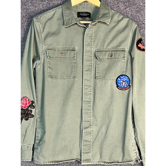 PacSun Shacket Jacket‎ with Embroidered Patches Military Green Womens Size Small - Picture 2 of 13